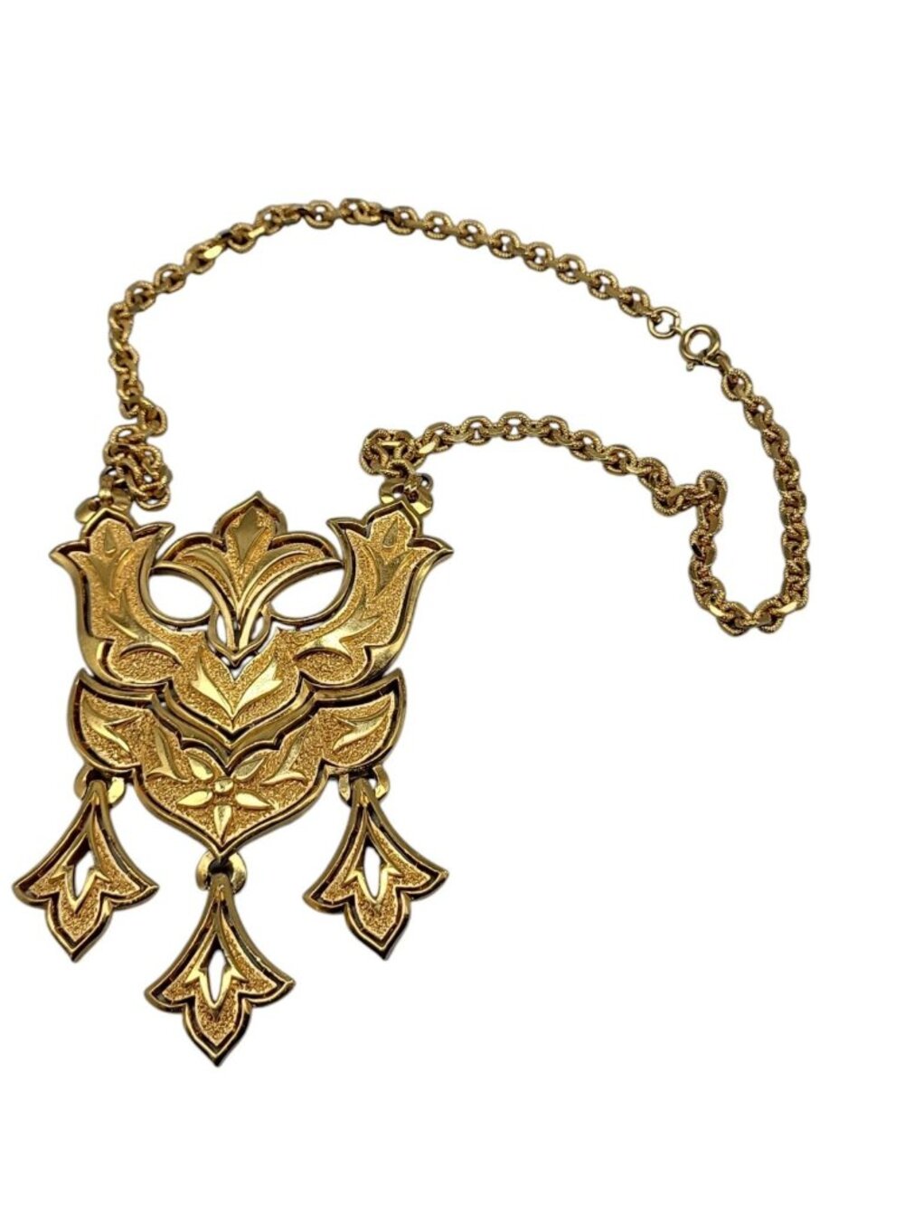 Vintage Crown Trifari Necklace Gold Tone Large Pendant Statement Designer Signed